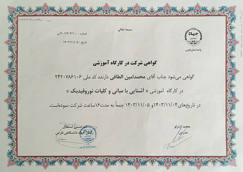 مدرک کارگاه نوروفیدبک علی الطافی (محمدامین الطافی) جهاد دانشگاه